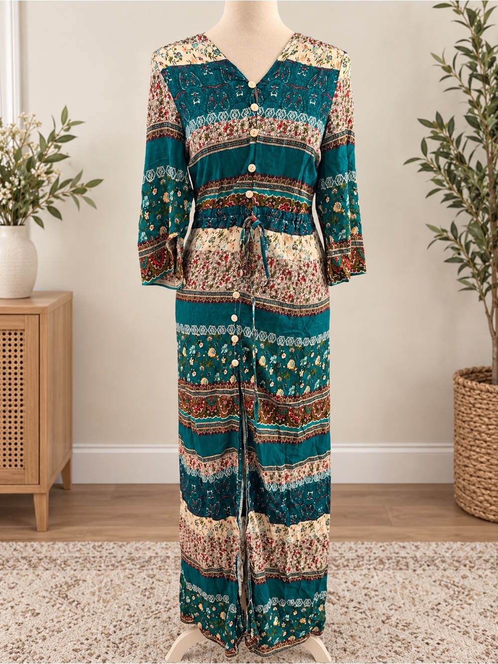 Teal Boho Floral Paisley Button Front Maxi Dress Size S 4/6